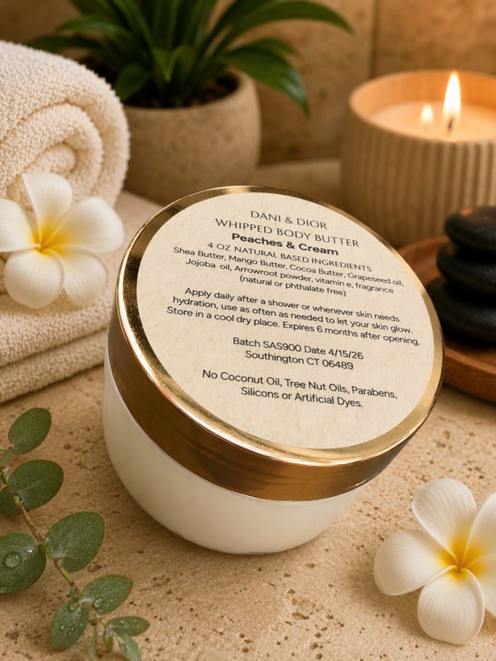 4oz Whipped Body Butter - Peaches & Cream jar top ma be gold white or black